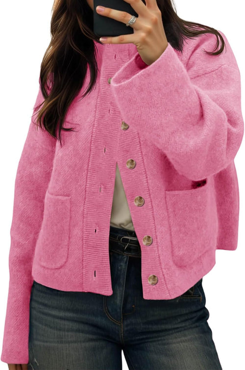 Women's Brushed Knit Crew Neck Cardigan with Patch Pockets in Pink, on model