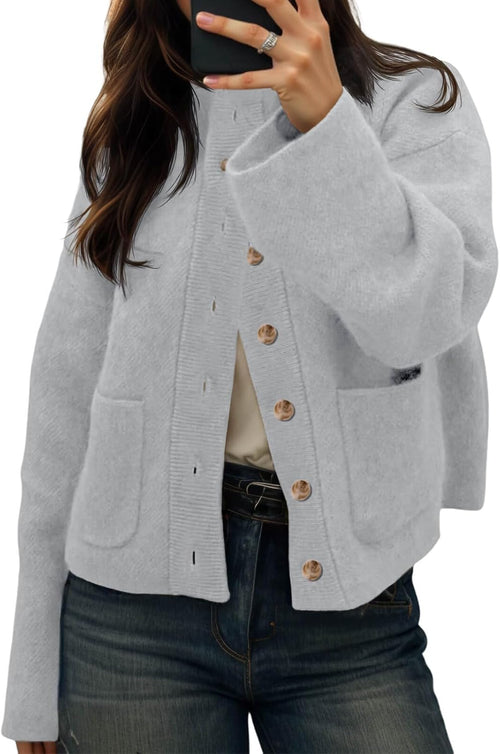 Women's Brushed Knit Crew Neck Cardigan with Patch Pockets in Gray