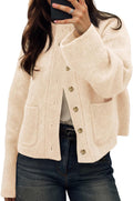Women's Brushed Knit Crew Neck Cardigan with Patch Pockets in Cream