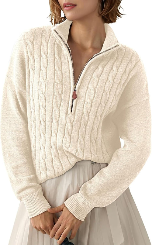 Women's Cable Knit Quarter Zip Sweater with Stand Collar in Cream, on model