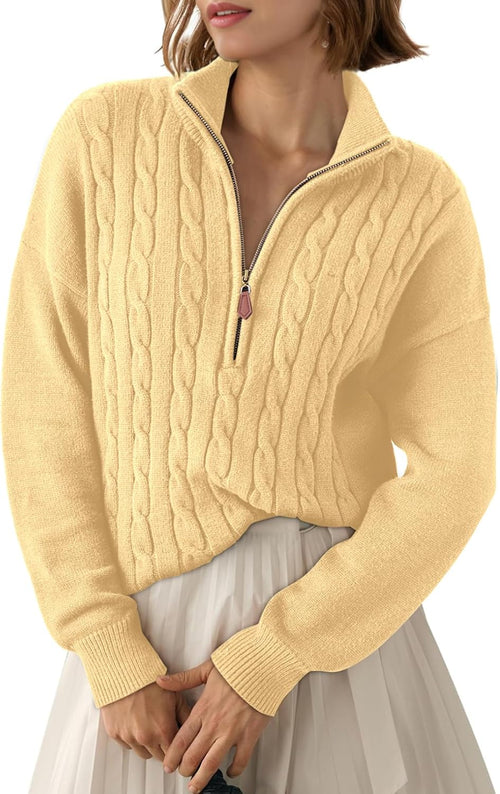 Women's Cable Knit Quarter Zip Sweater with Stand Collar in Light Yellow