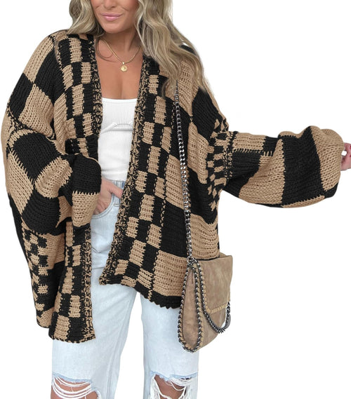 Women's Checkered Open Front Cardigan with Balloon Sleeves in Black Tan Checker, on model