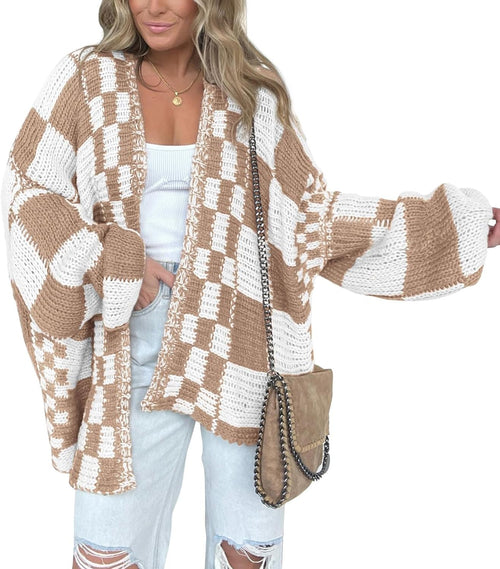 Women's Checkered Open Front Cardigan with Balloon Sleeves in Tan Cream Checker