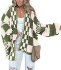 Women's Checkered Open Front Cardigan with Balloon Sleeves in Green Cream Checker