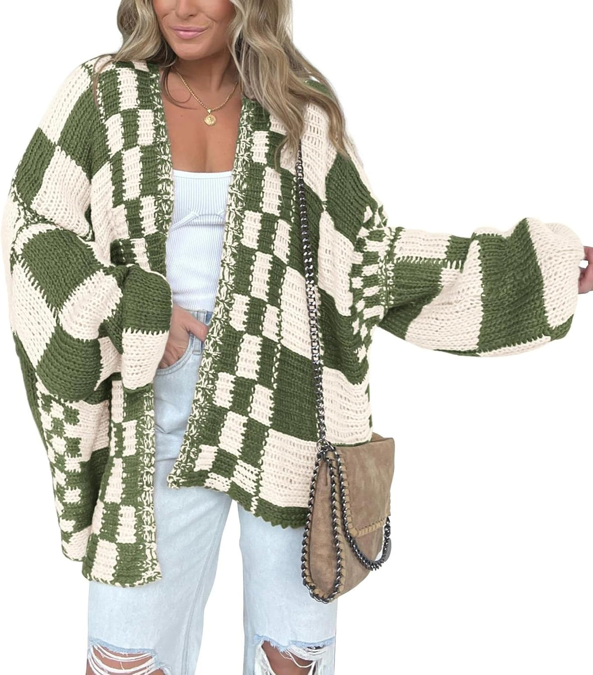 Women's Checkered Open Front Cardigan with Balloon Sleeves in Green Cream Checker