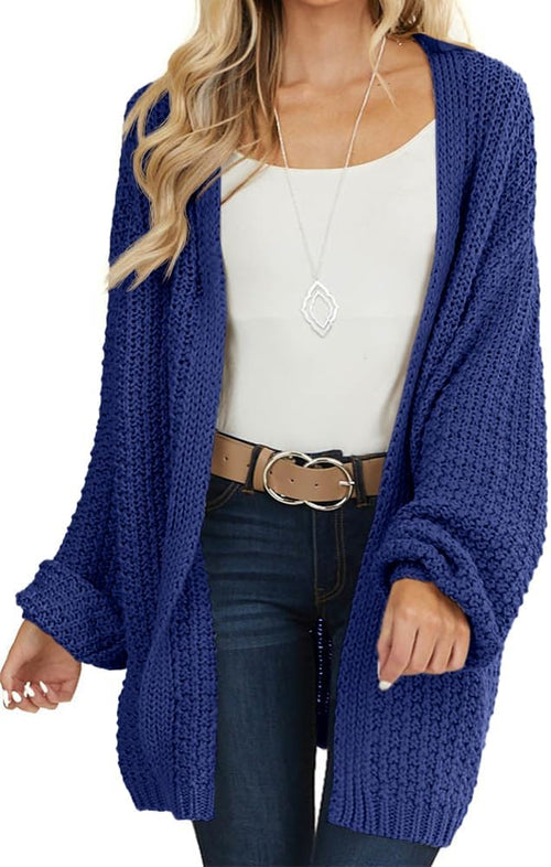 Women's Chunky Knit Longline Open Front Cardigan in Navy Blue, on model