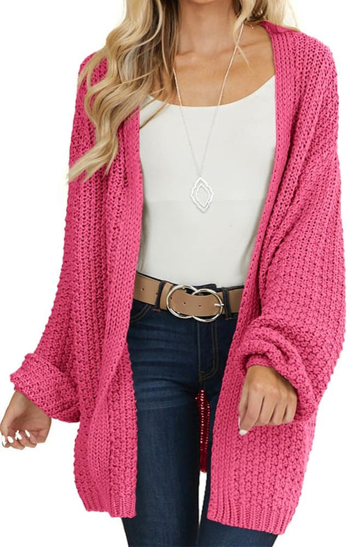 Women's Chunky Knit Longline Open Front Cardigan in Rose Red