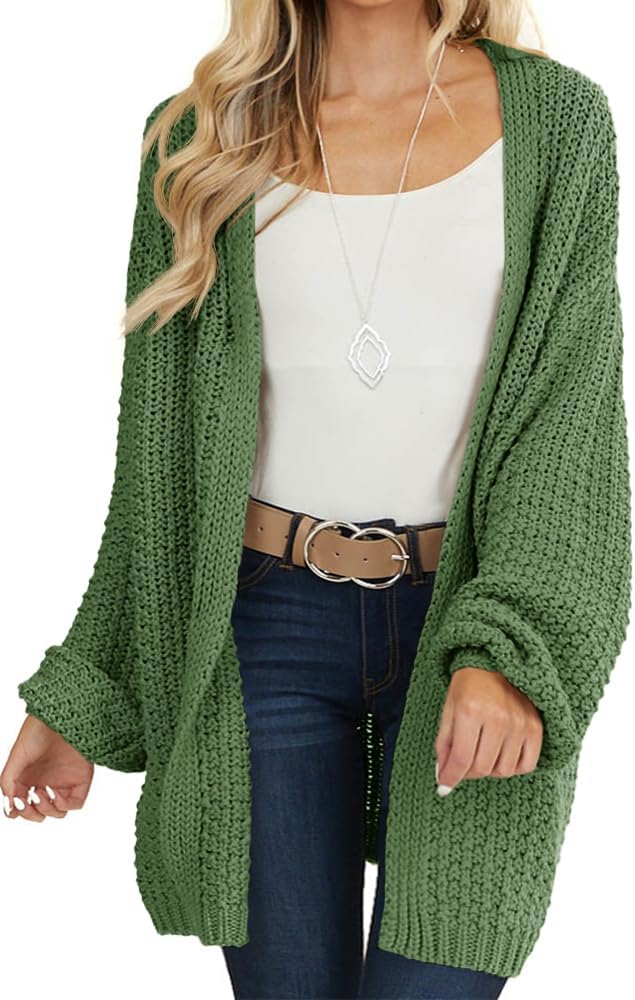 Women's Chunky Knit Longline Open Front Cardigan in Army Green