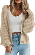 Women's Chunky Rib Knit V-Neck Cardigan with Lantern Sleeves in Apricot, on model