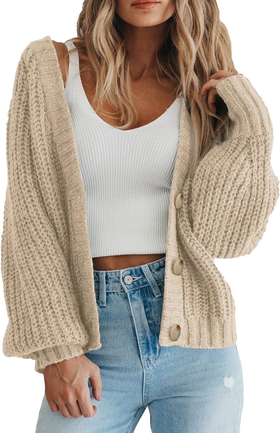 Women's Chunky Rib Knit V-Neck Cardigan with Lantern Sleeves in Apricot, on model
