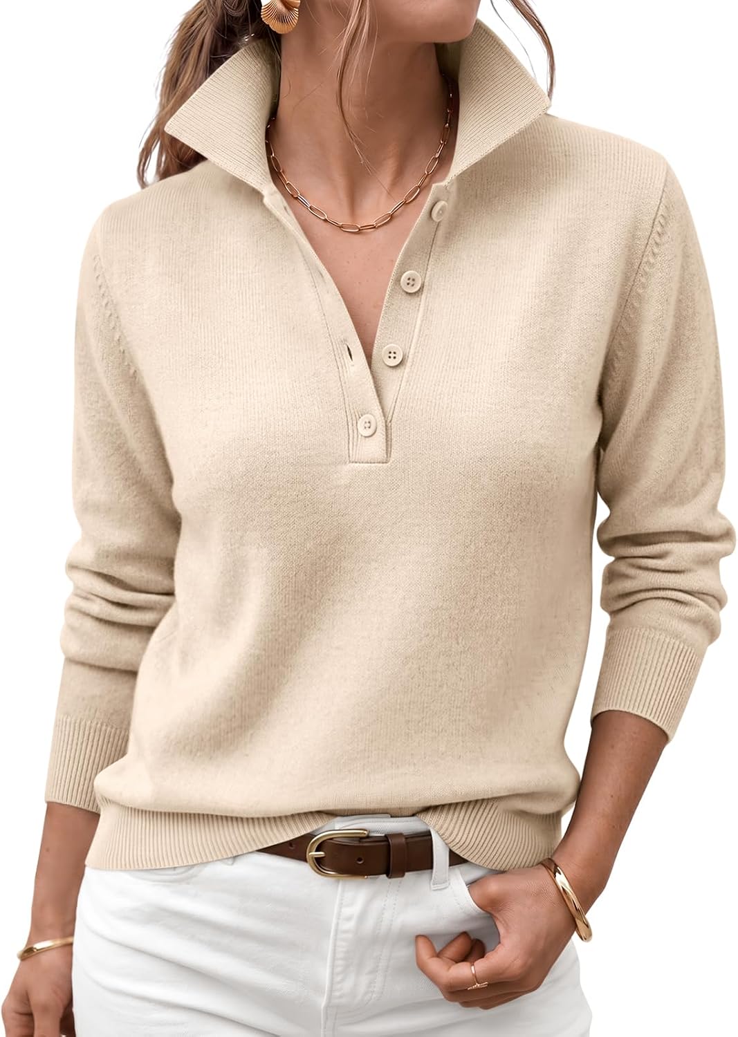 Women's Collared Polo Sweater with Button Placket in Apricot, on model
