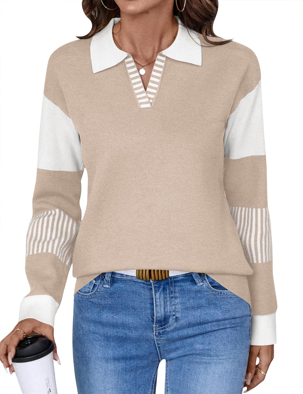 Women's Collared V-Neck Sweater with Colorblock Striped Sleeves in Apricot