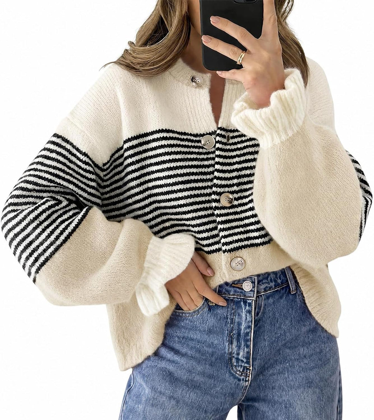 Women's Colorblock Striped Cardigan with Balloon Sleeves in Cream Black Stripe