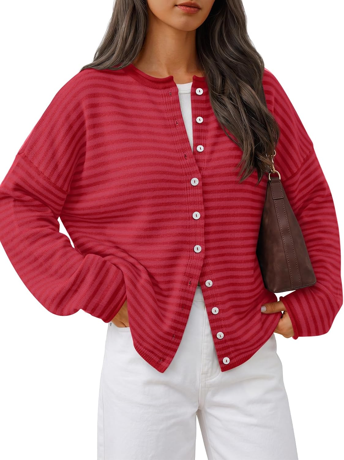 Women's Crew Neck Button Cardigan in Striped Berry Pink, on model