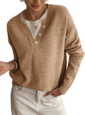 Women's Crew Neck Henley Sweater with Button Placket in Camel