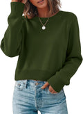 Women's Crew Neck Pullover Sweater with Wide Ribbed Hem in Army Green, on model