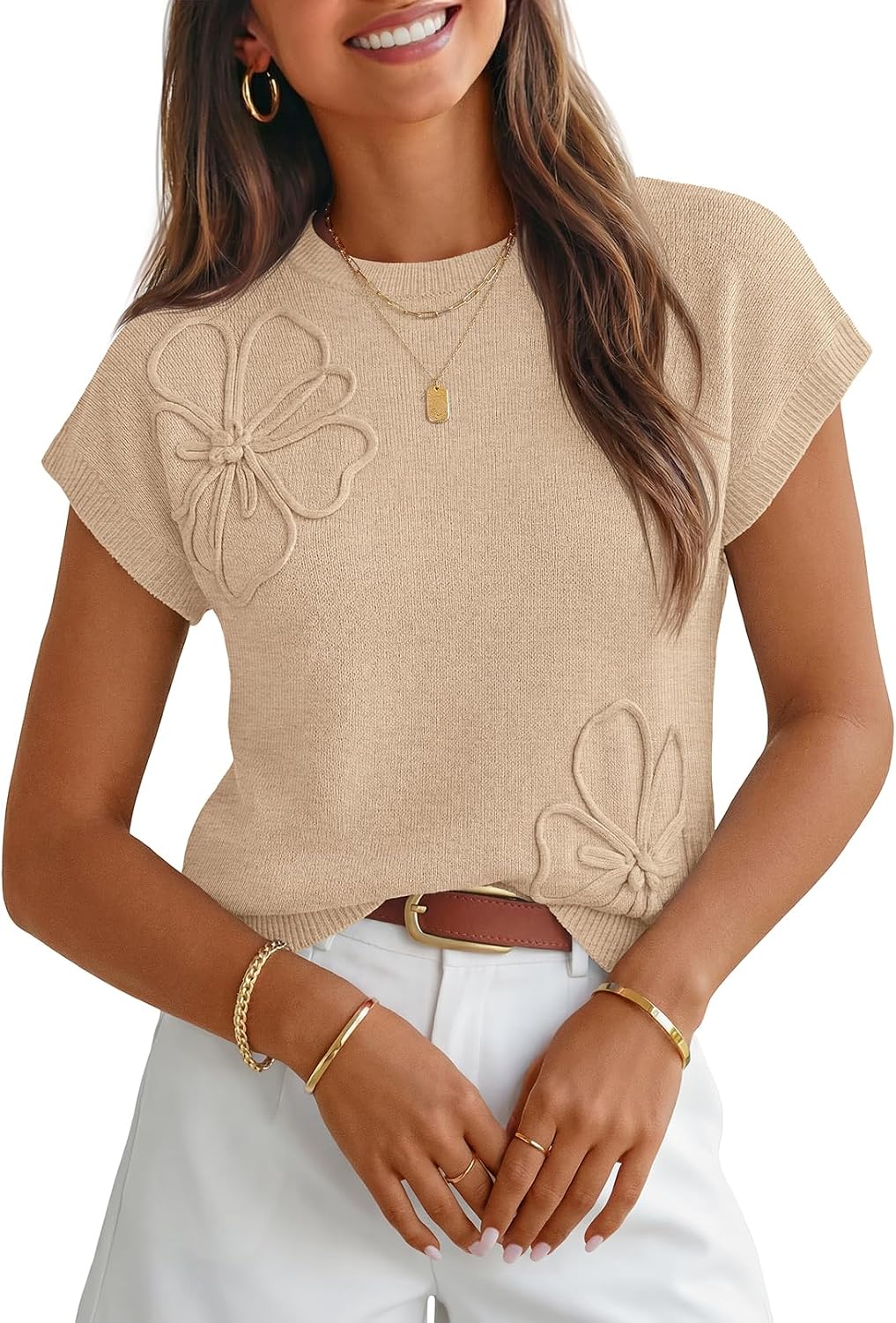 Women's Crew Neck Short Sleeve Sweater Top in Apricot