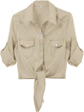 Women's Cropped Button-Up Shirt with Tie Front and Flap Pockets in Khaki