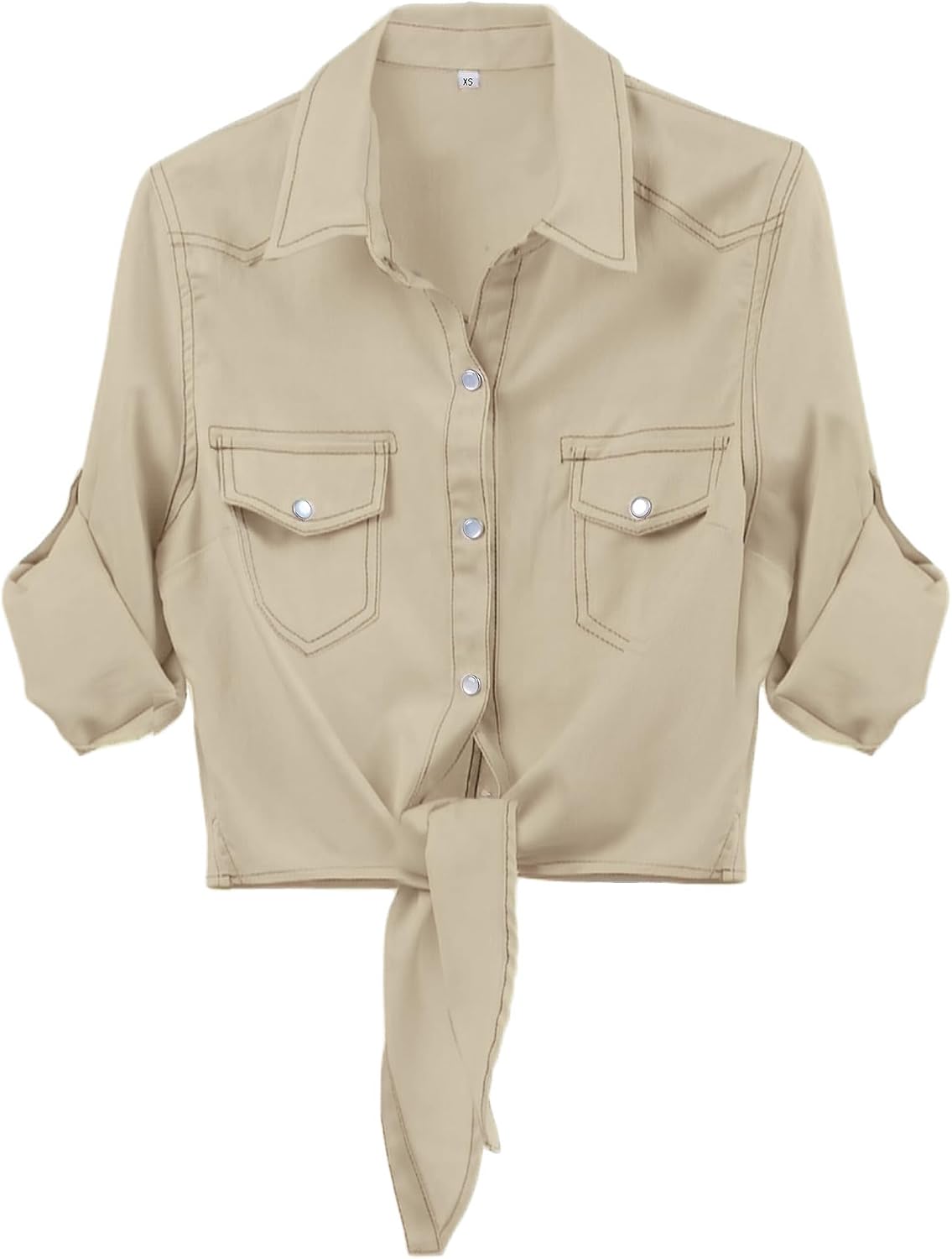 Women's Cropped Button-Up Shirt with Tie Front and Flap Pockets in Khaki