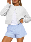 Women's Cropped Crew Neck Cardigan with Balloon Sleeves in Gray, on model