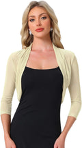 Women's Cropped Open Front Bolero Shrug with Three-Quarter Sleeves in Apricot