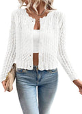 Women's Cropped Pointelle Knit Cardigan with Scalloped Trim in White