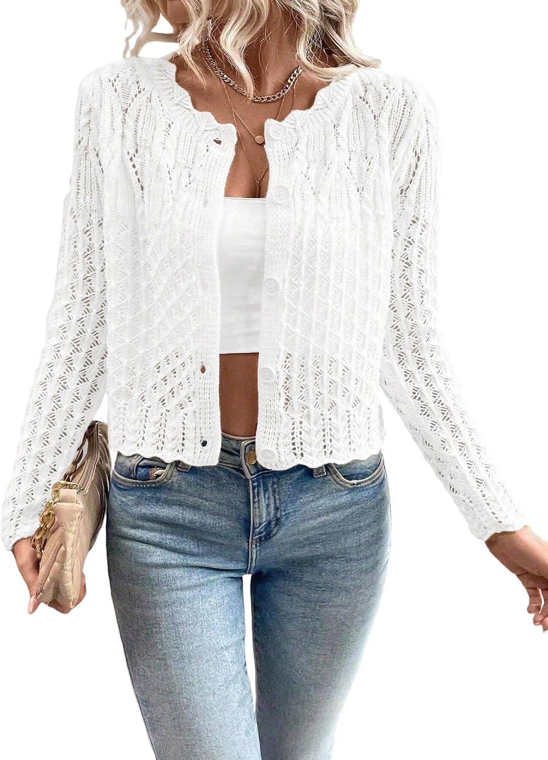 Women's Cropped Pointelle Knit Cardigan with Scalloped Trim in White