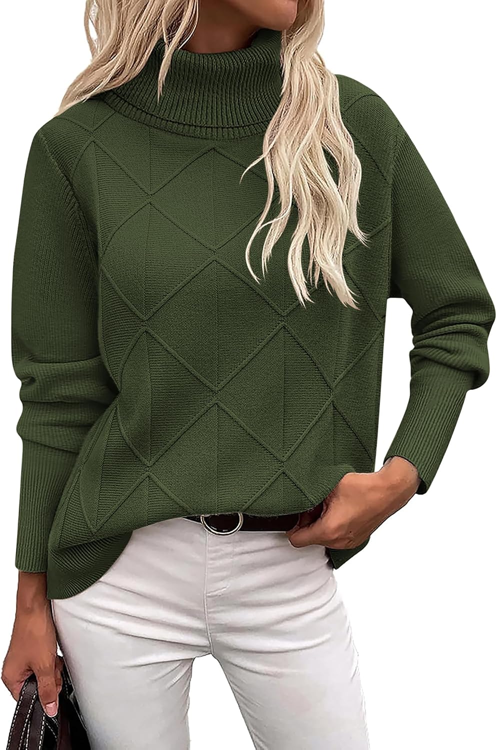 Women's Diamond Knit Turtleneck Sweater with Drop Shoulders in Army Green