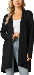 Women's Draped Open Front Cardigan with Thumbhole Sleeves in Black