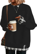 Women's Faux Layered Crew Neck Sweater with Shirt Hem and Cuffs in Plaid Black