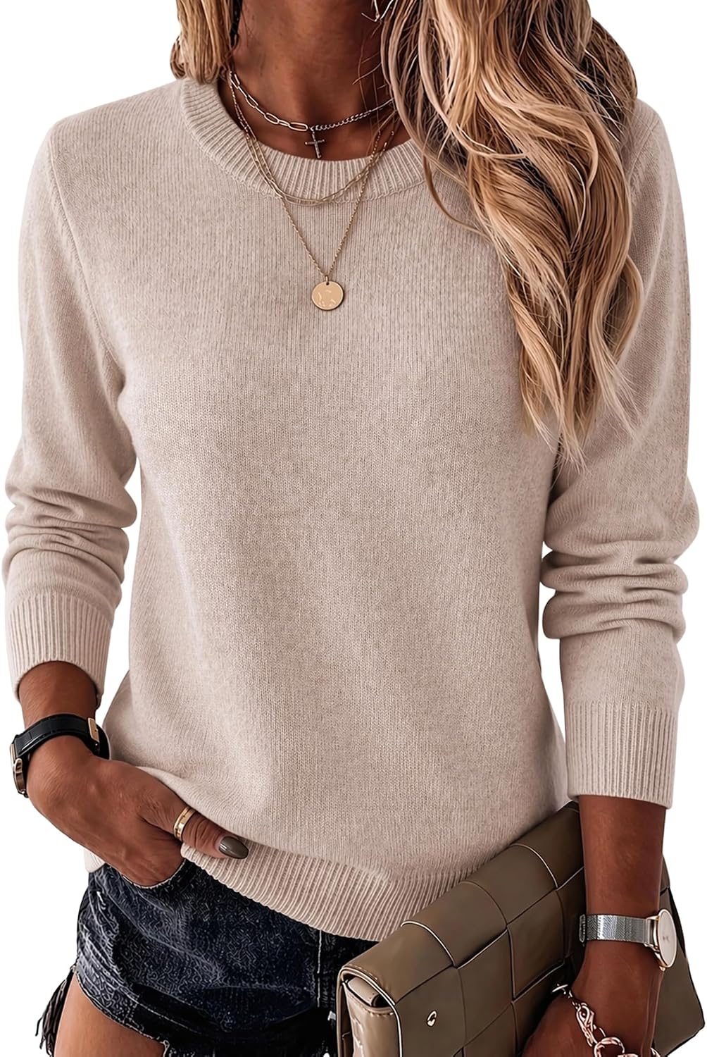 Women's Fine Knit Crew Neck Pullover Sweater with Long Sleeves in Apricot