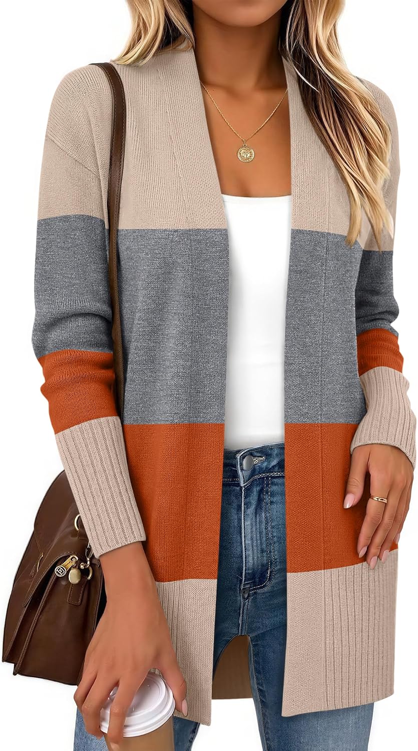 Women's Fine Knit Open Front Longline Cardigan with Ribbed Cuffs in Beige Rust Colorblock