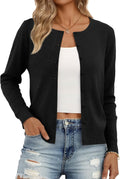 Women's Fine Knit Round Neck Cardigan with Close-Set Buttons in Black, on model