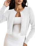Women's Fitted Cropped Crew Neck Cardigan with Ribbed Cuffs in White