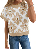 Women's Floral Jacquard Short Sleeve Sweater Top in Apricot