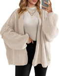 Women's Fuzzy Chunky Cocoon Cardigan with Balloon Sleeves in Apricot, on model