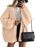 Women's Fuzzy Knit Oversized Cardigan with Balloon Sleeves in Apricot
