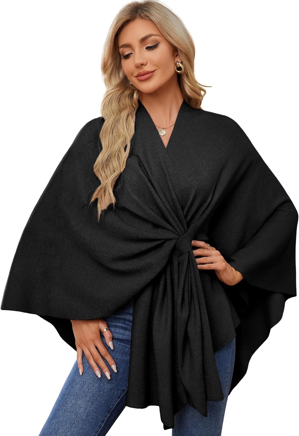 Women's Knit Wrap Shawl with Front Twist Detail in Black, on model