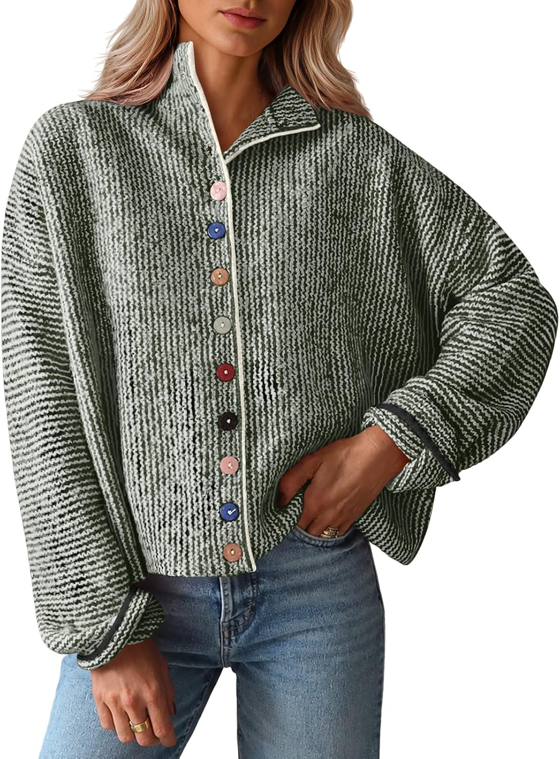 Women's Marled Rib Knit Cardigan with Multicolor Buttons in Army Green