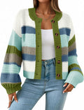 Women's Multicolor Striped Chunky Knit Cardigan with Button Front in Blue, on model