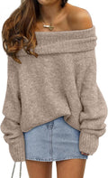 Women's Off Shoulder Fold Over Neck Pullover Sweater in Apricot, on model