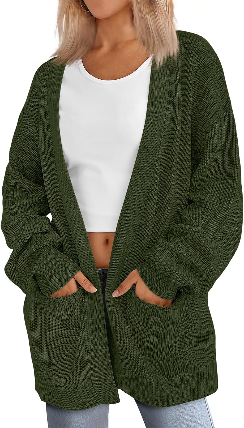 Women's Open Front Rib Knit Cardigan with Front Pockets in Army Green