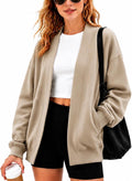 Women's Open Front Sweatshirt Cardigan in Khaki with Side Pockets, on model