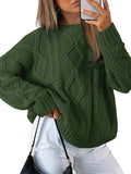 Women's Oversized Cable Knit Crew Neck Pullover Sweater in Army Green