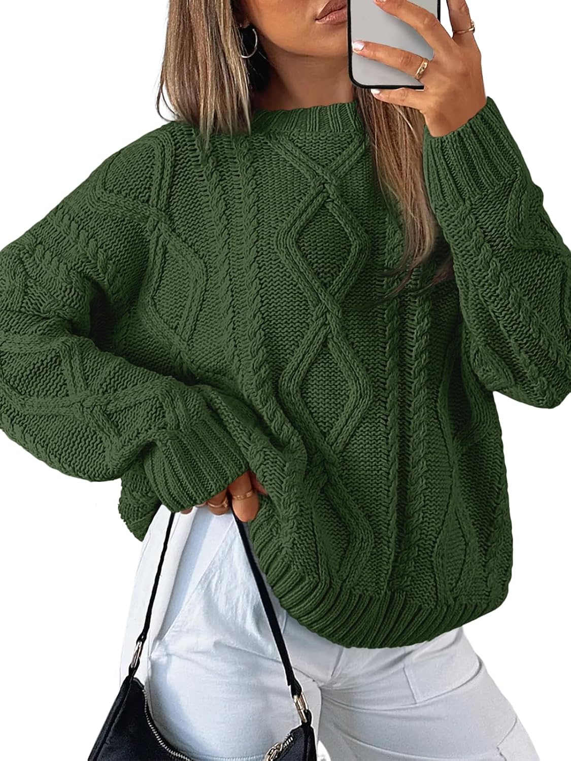 Women's Oversized Cable Knit Crew Neck Pullover Sweater in Army Green