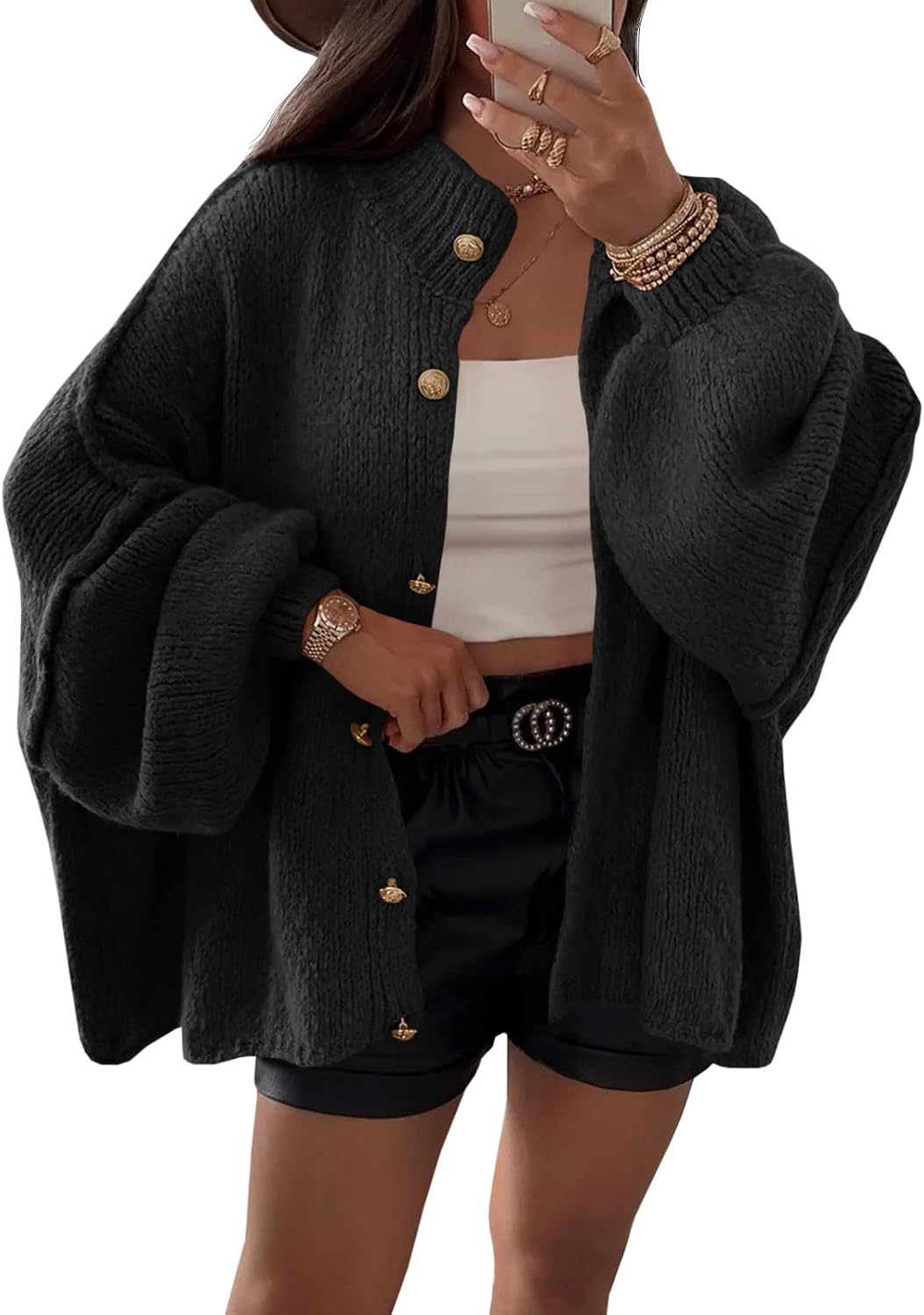 Women's Oversized Chunky Knit Cardigan with Batwing Sleeves in Black