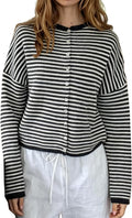 Women's Oversized Crew Neck Button Cardigan with Drop Shoulders in Black White Stripe