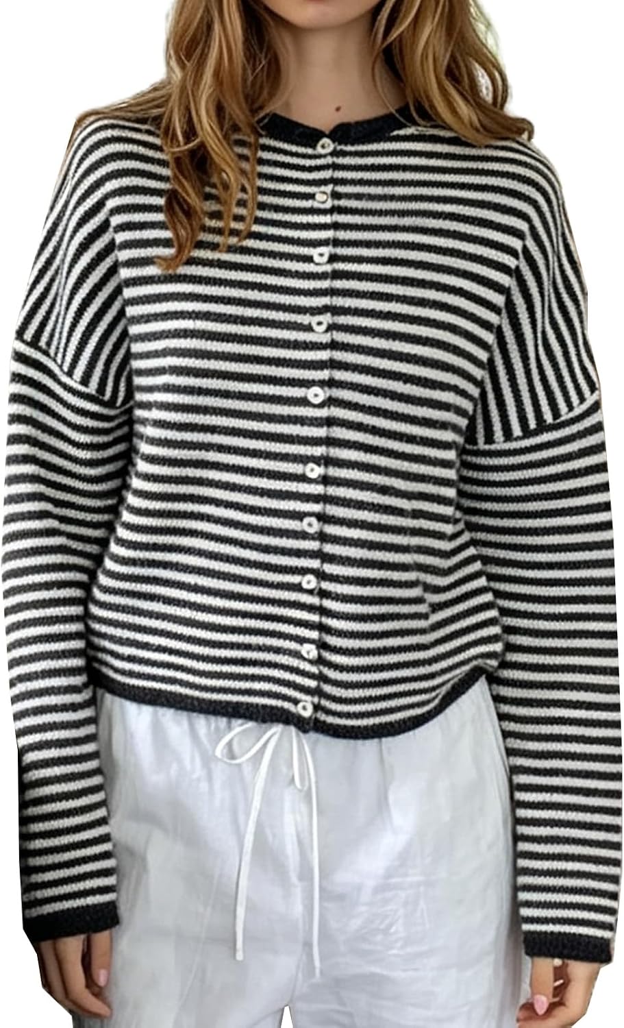 Women's Oversized Crew Neck Button Cardigan with Drop Shoulders in Black White Stripe