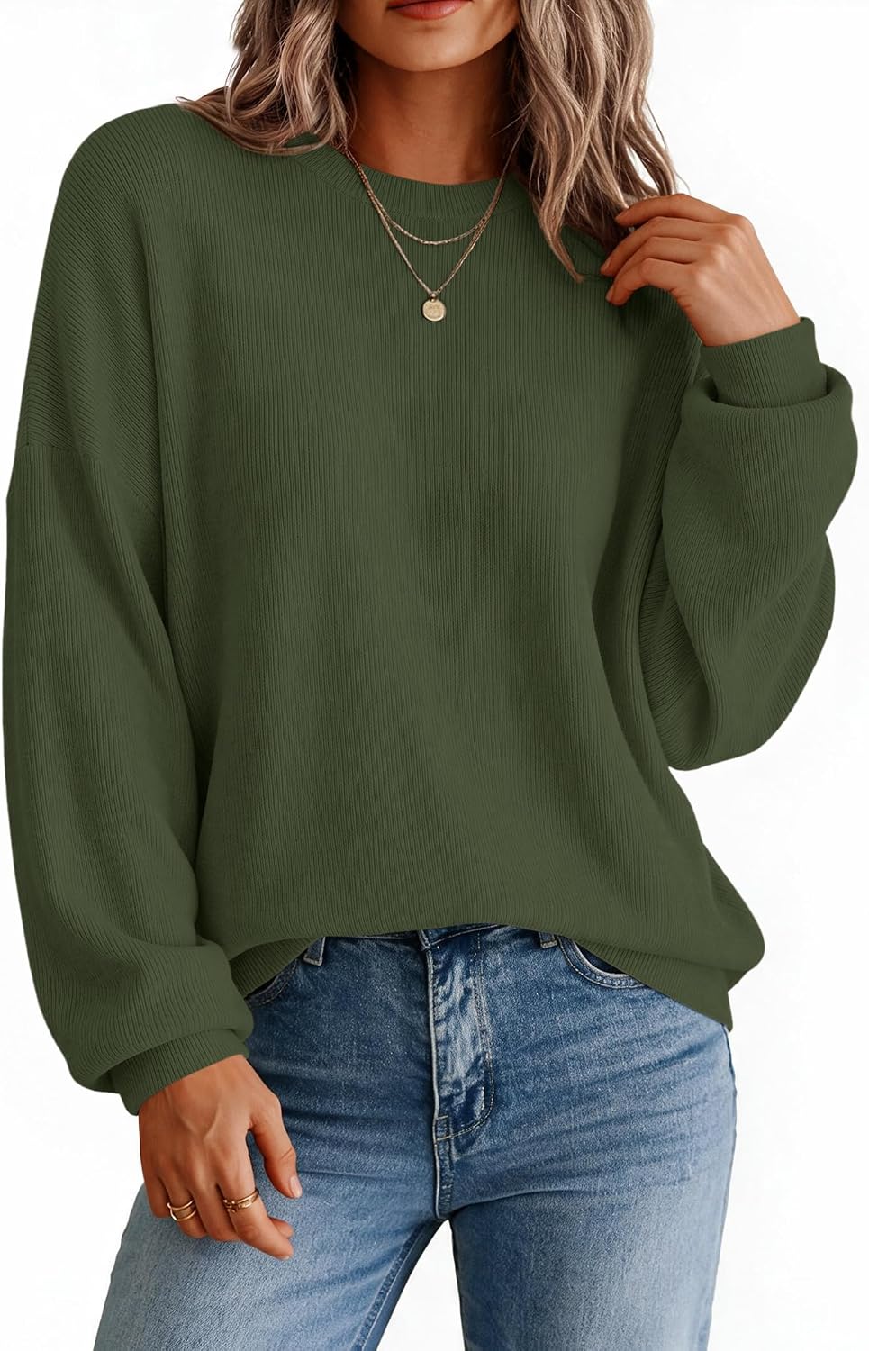 Women's Oversized Crew Neck Pullover Sweater with Drop Shoulders in Army Green