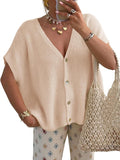 Women's Oversized V-Neck Cardigan with Batwing Short Sleeves in Apricot, on model